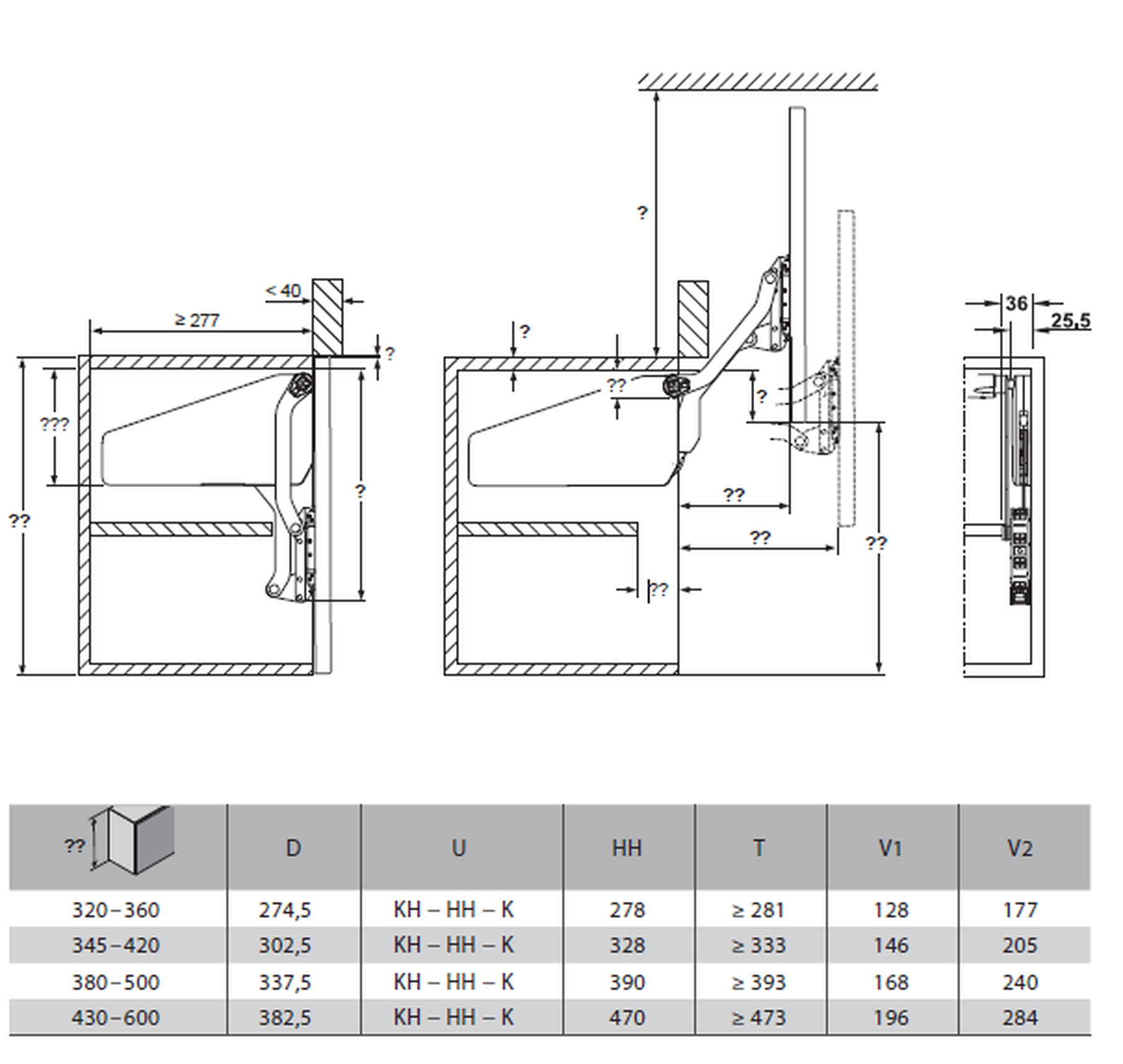 Frontliftbeschlag Free up für Korpustiefen ab 277 mm