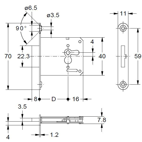 JUNIE Einsteckschloss Typ 1732 - D20 / rechts + unten