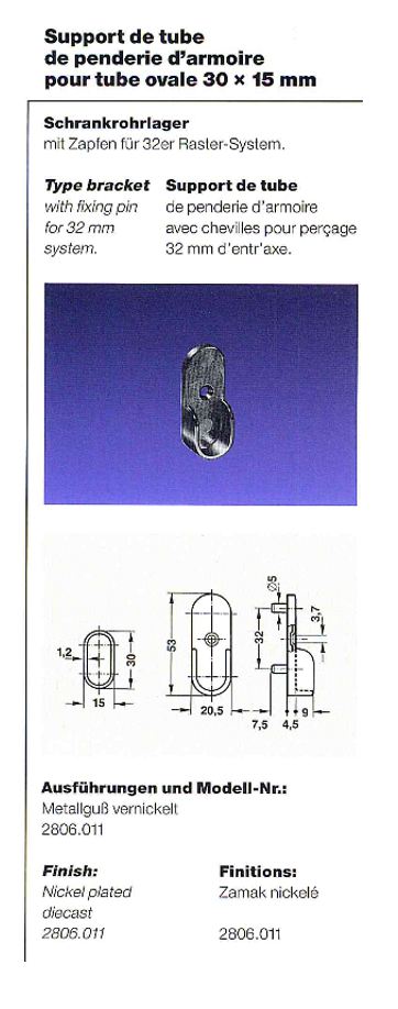 HUWIL Support de penderie d'armoire 30x15mm pour tube ovale